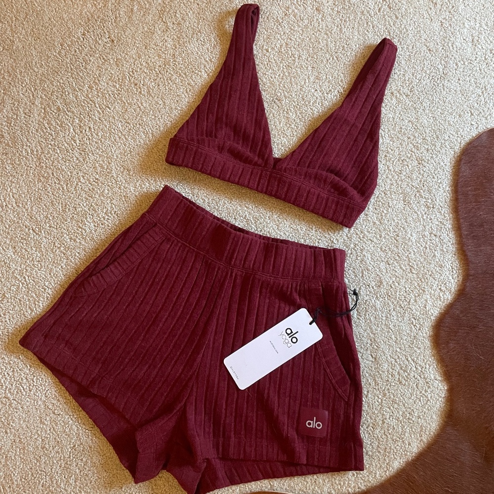 Alo Yoga Take Comfort Ribbed Shorts And Top In Cranberry